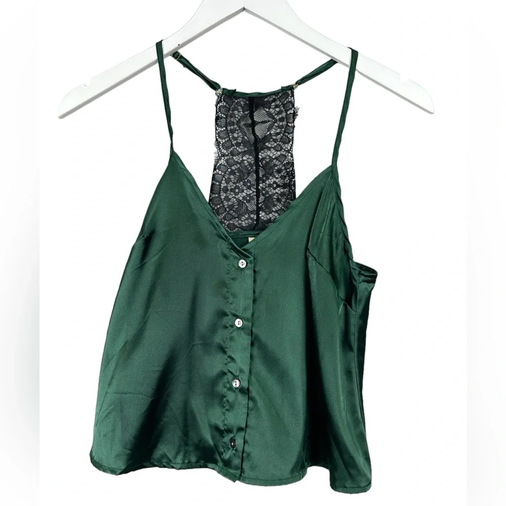 ROMA Confidential Emerald Button Down Lace Cropped Cami Sleep Pajamas Small